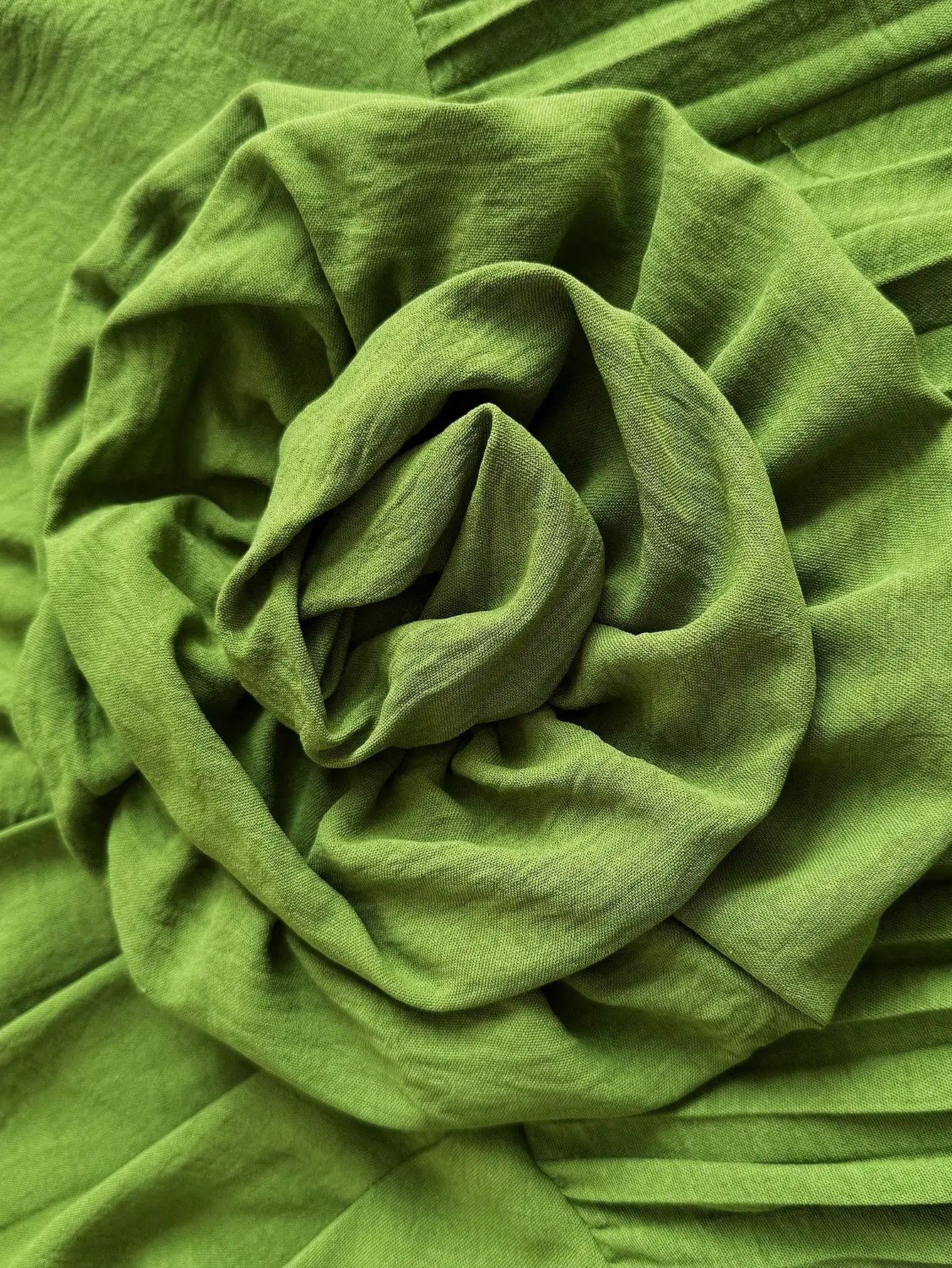 Olive Green V-Neck Pleated Maxi Dress with 3D Floral Waist Detail - Image 6