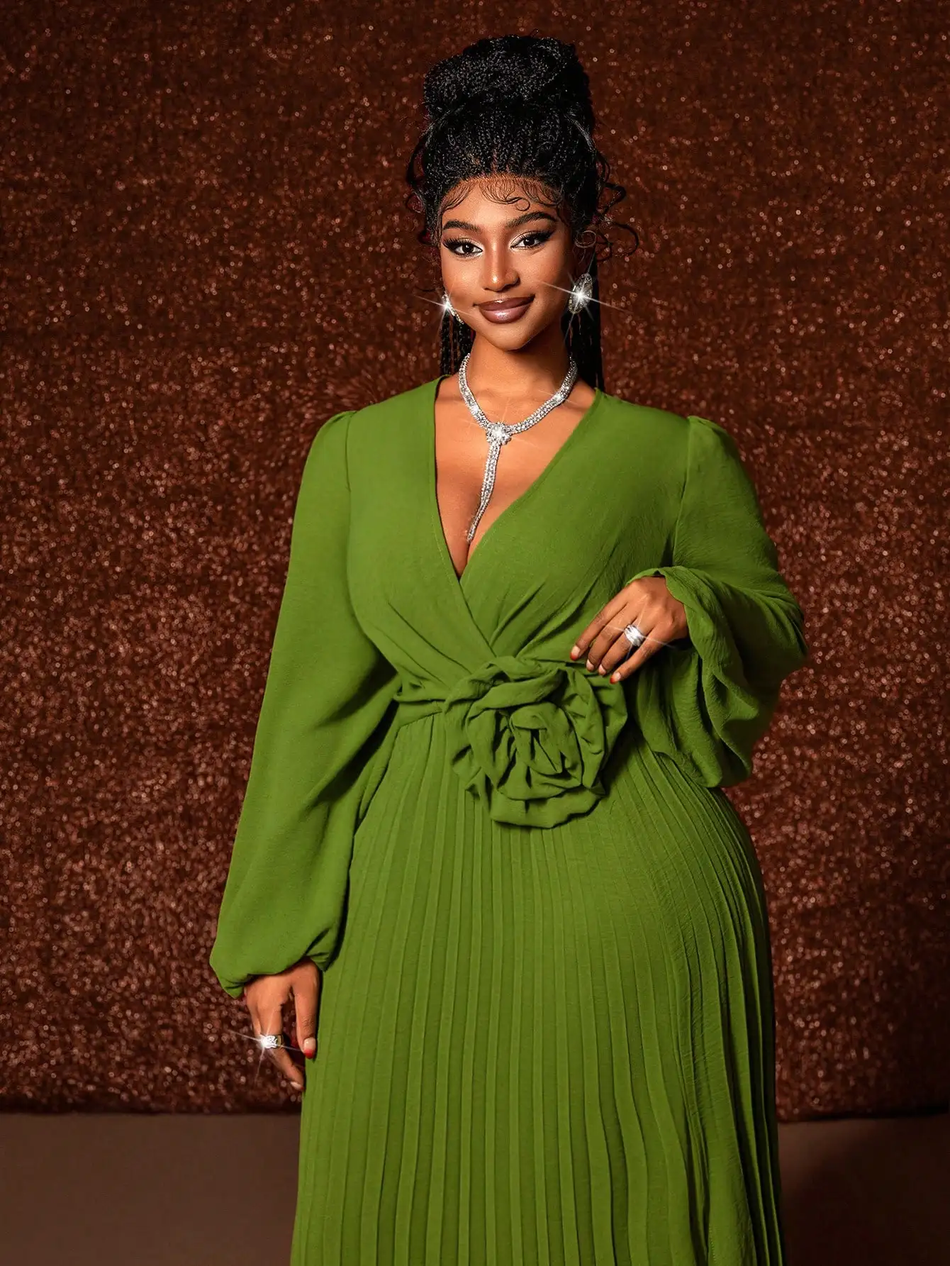 Olive Green V-Neck Pleated Maxi Dress with 3D Floral Waist Detail - Image 2