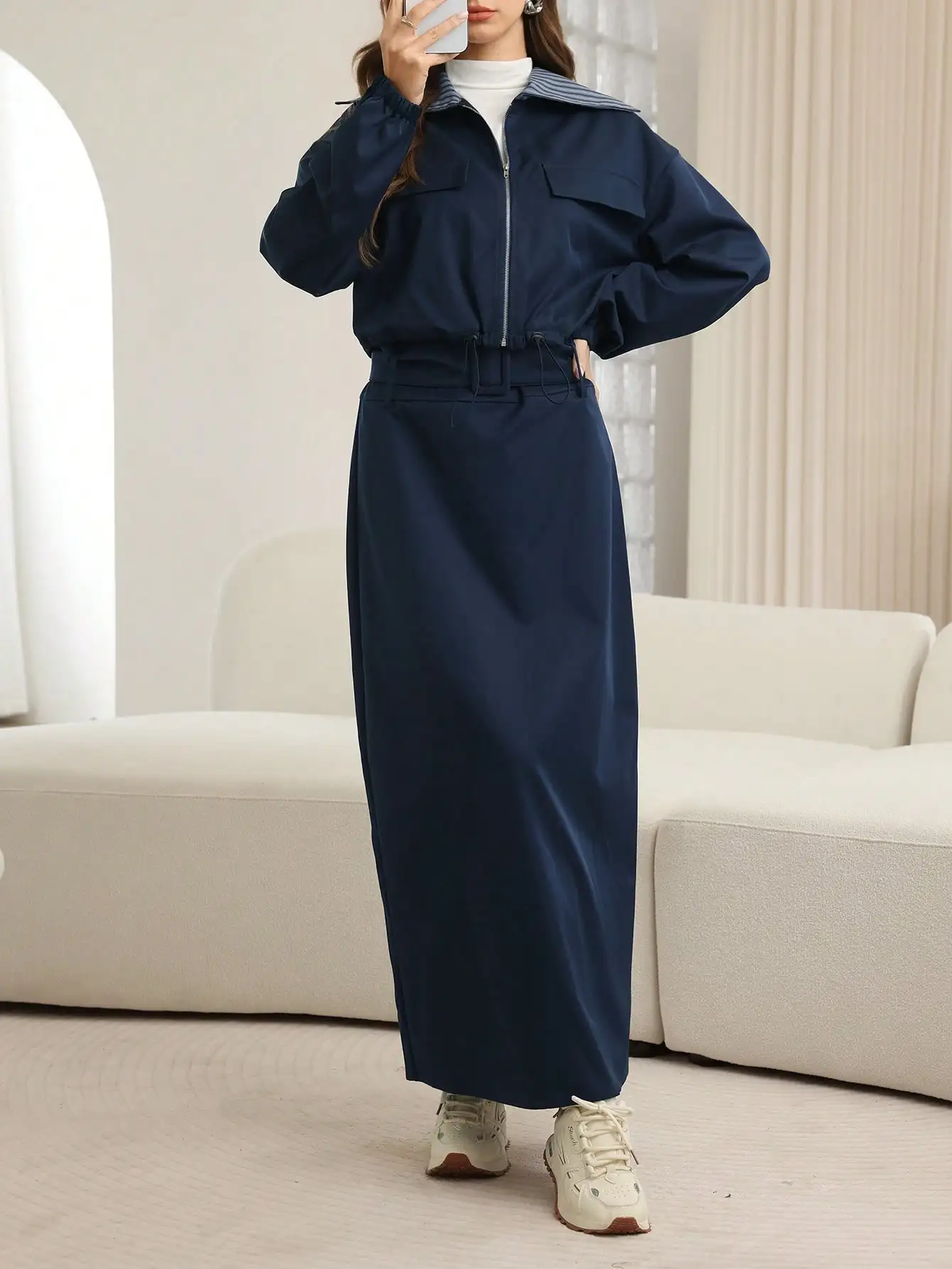 Women's Navy Blue Utility Zip-Up Short Jacket Top With Striped Fabric, Long Sleeve, Wide Waistband, D-Ring Belt - Image 6