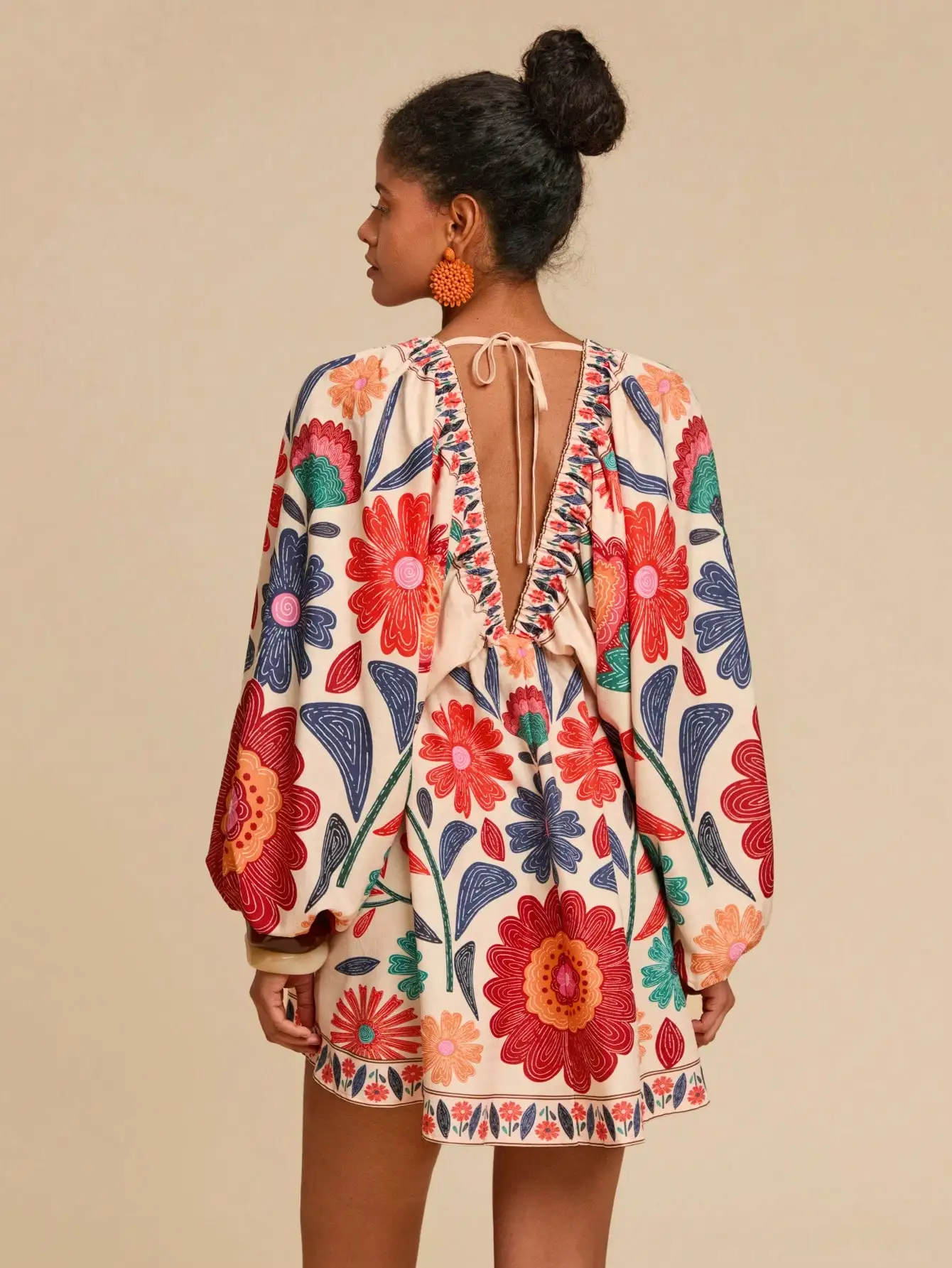 V-Neck Loose Fit Floral Print Chiffon Mini Dress with Embroidered Trim - Image 2