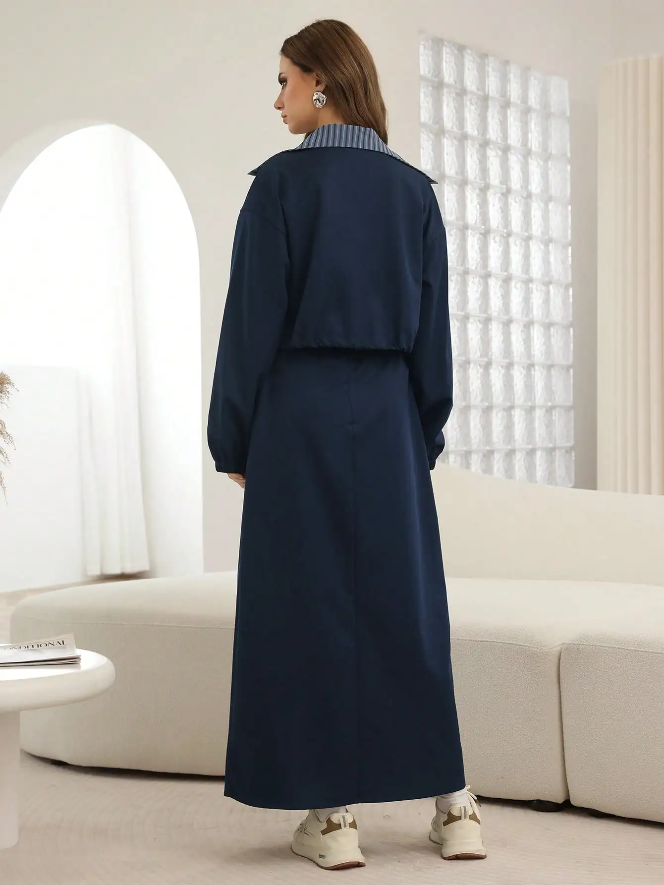 Women's Navy Blue Utility Zip-Up Short Jacket Top With Striped Fabric, Long Sleeve, Wide Waistband, D-Ring Belt - Image 2