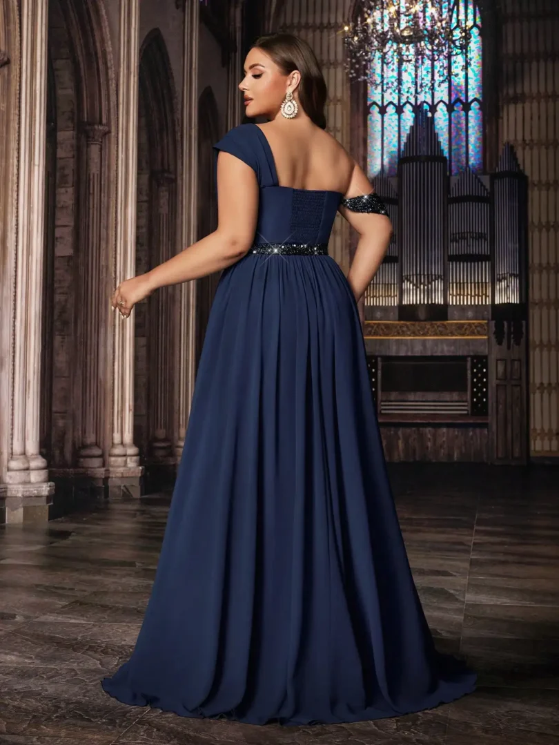 Navy Blue Plus Size Off Shoulder Sequin Gown with High Slit for Prom ...
