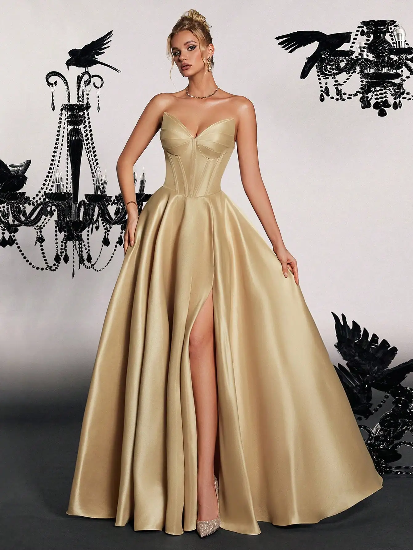 Elegant Strapless Satin Gown with High Slit, Formal Evening Dress for Wedding Guest or Party - Image 4