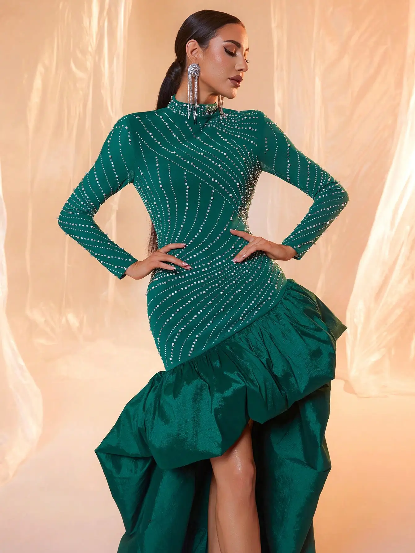 Emerald Green Long Sleeve Sequin Stand Collar Asymmetrical High Low Evening Dress - Image 6