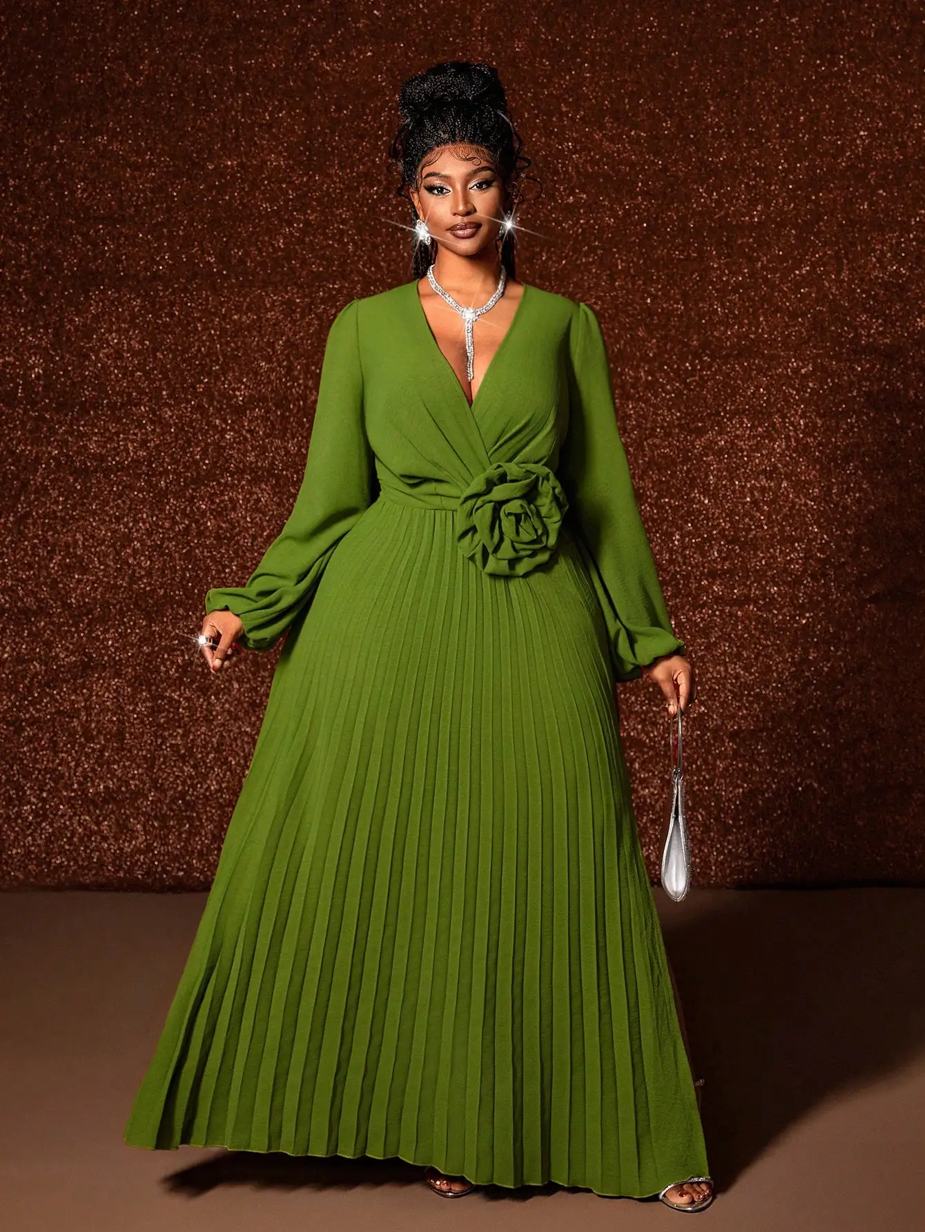 Olive Green V-Neck Pleated Maxi Dress with 3D Floral Waist Detail