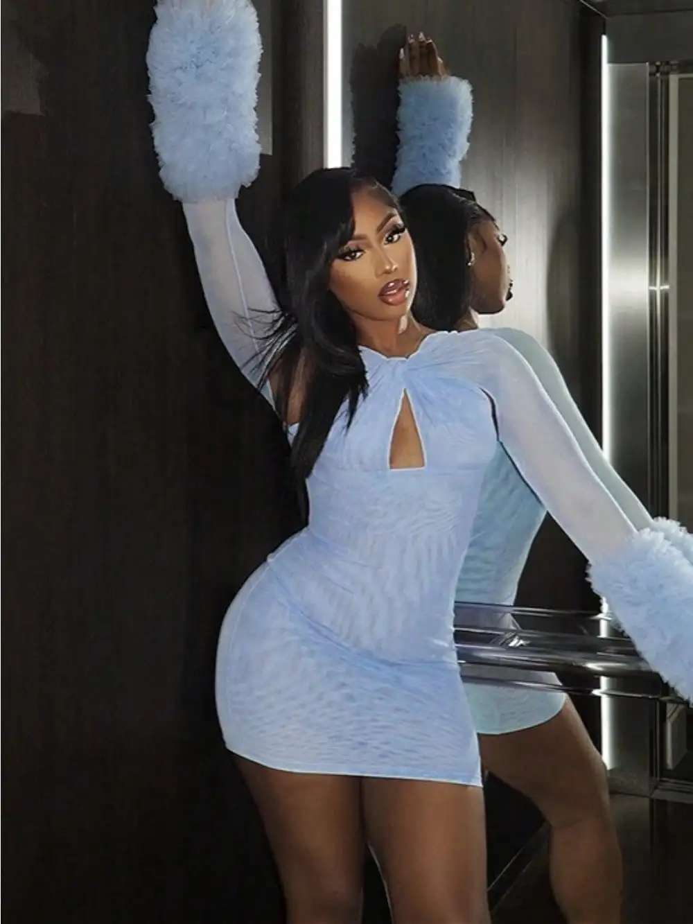 Winter And Autumn Women's Net Fabric Cross-Pleated Long-Sleeved Fur-Lined Tight-Sleeved A-Line Skirt With Waistband - Image 5